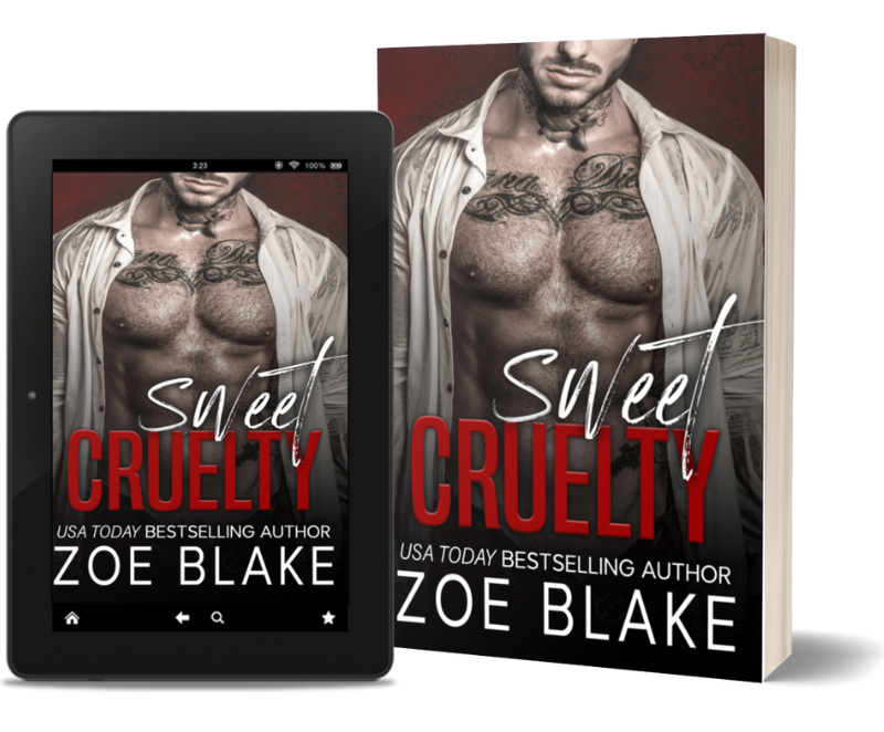 Sweet Cruelty book cover from the Ruthless Obsession Series by dark romance author Zoe Blake. Tattooed man in an unbuttoned shirt with a dangerous smirk. Possessive mafia romance featuring captive obsession and brutal passion.