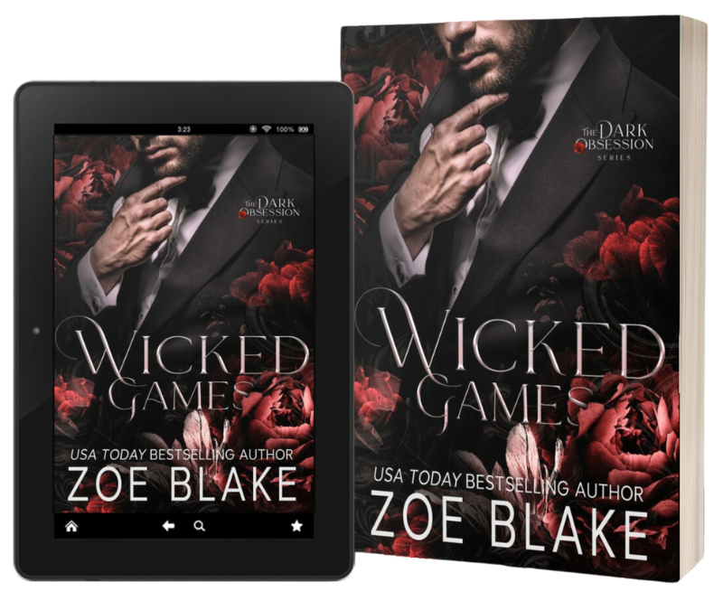 Wicked Game book cover from the Dark Obsession Series by dark romance author Zoe Blake. A suited man with red flowers in the background. Dark billionaire romance with dangerous attraction, secrets, and psychological power plays.